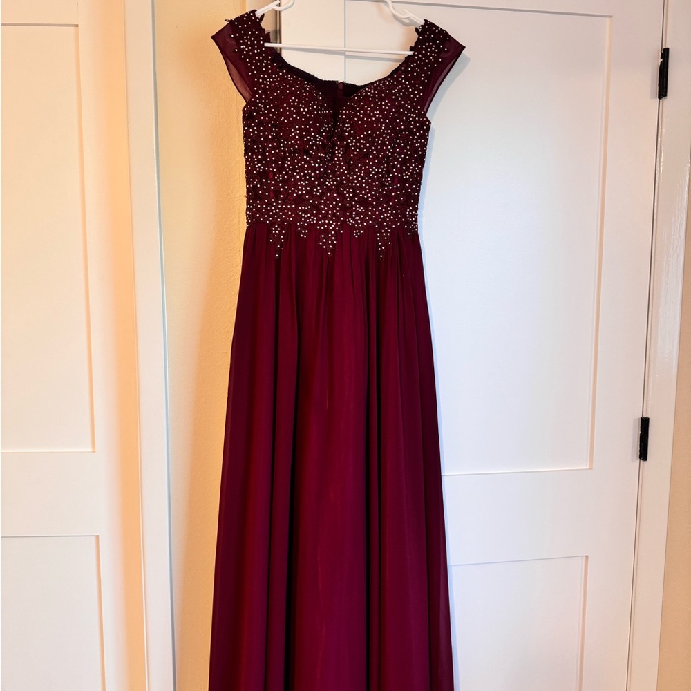 Blondie Nites Burgundy Beaded Prom Dress